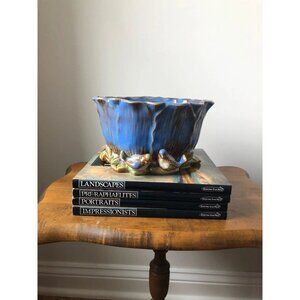 Vintage Blue Majolica Planter Two Birds & Leaf Accents 4.25" H x 7.75" Diameter